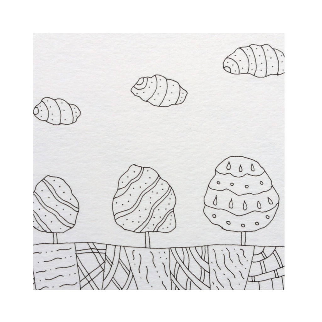 ペン画( 原画 )。「 夢見た場所に 飛んでいく 」