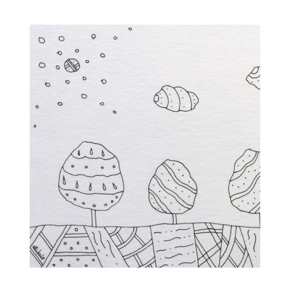 ペン画( 原画 )。「 夢見た場所に 飛んでいく 」