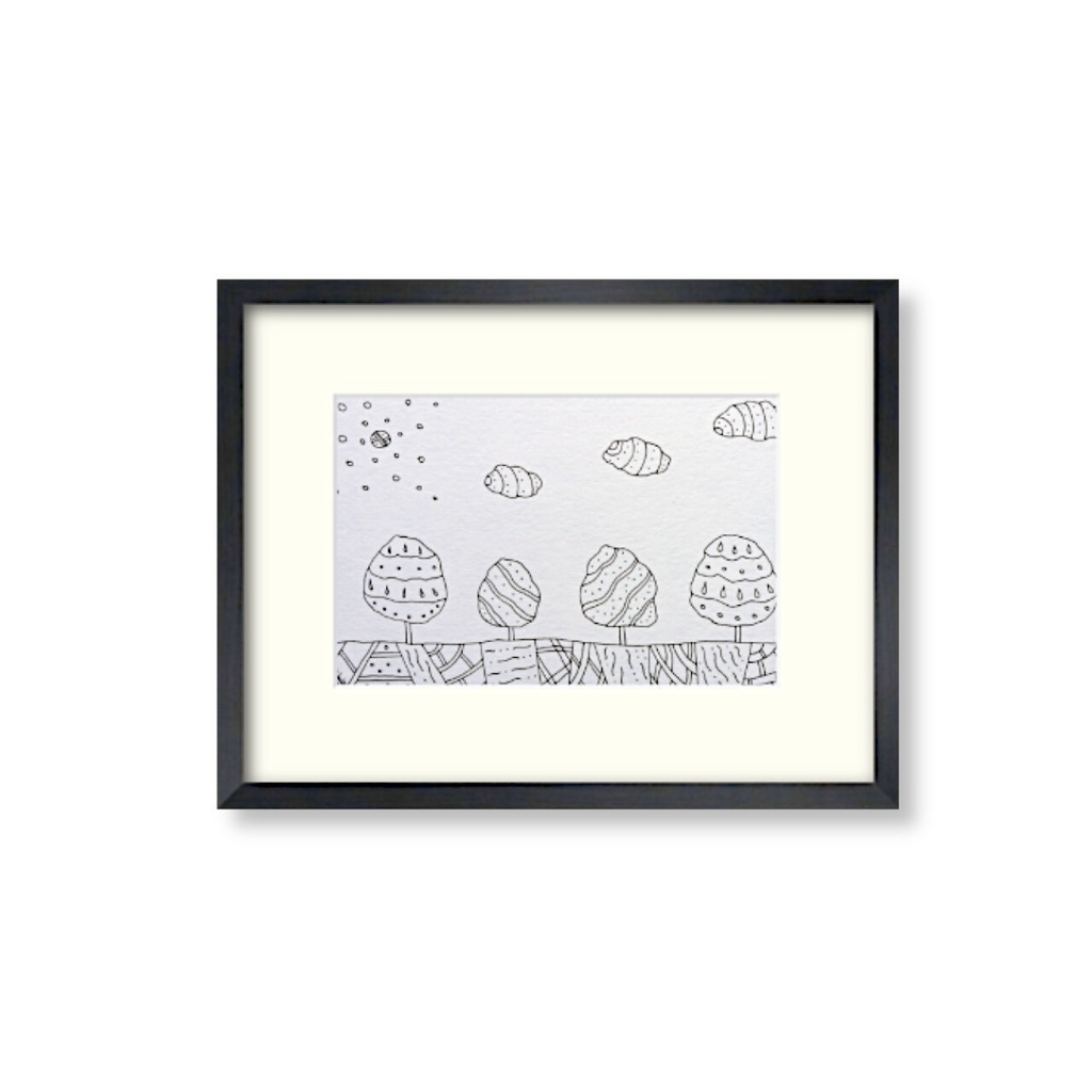 ペン画( 原画 )。「 夢見た場所に 飛んでいく 」