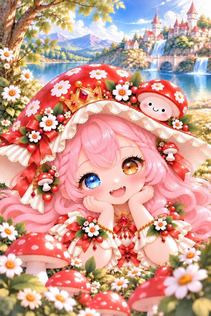 きのこ姫と湖畔のお城｜幻想的なプリンセスアート