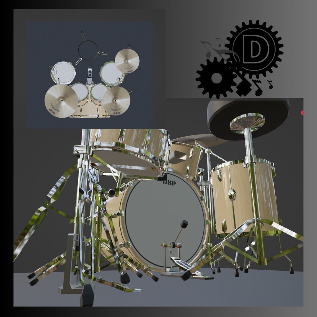 ドラムセット standard naturalカラー ローポリゴン3Ⅾモデル