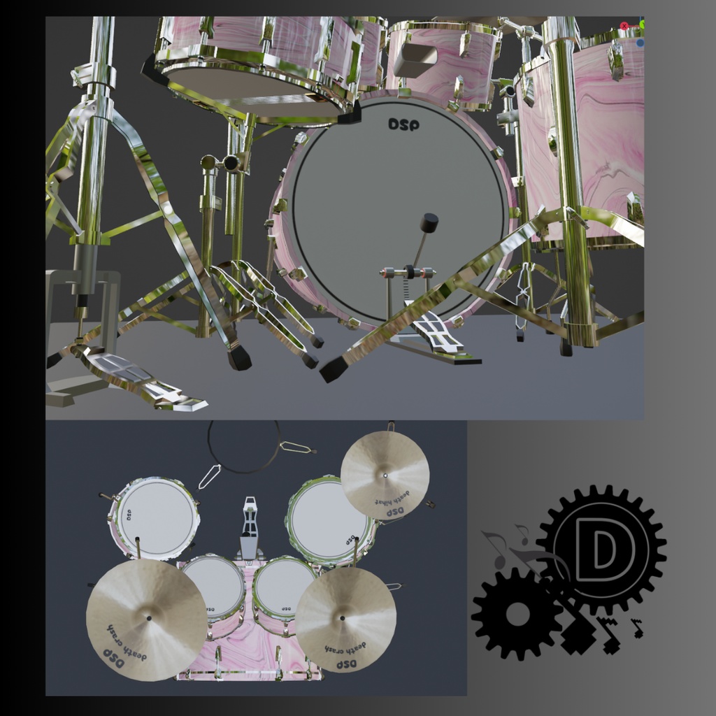 ドラムセット standard ピンクマーブルカラー ローポリゴン3Ⅾモデル