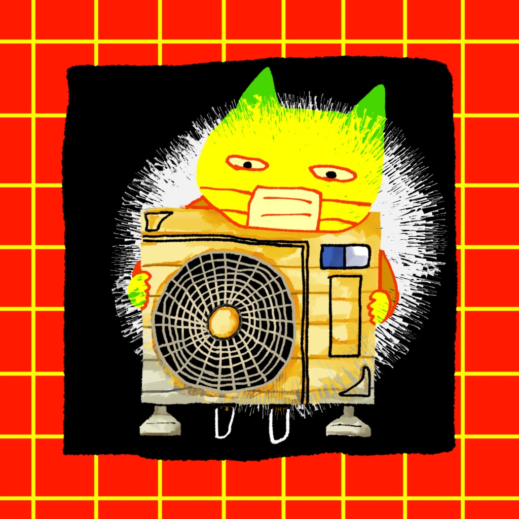 緑猫、室外機とお友達ステッカー