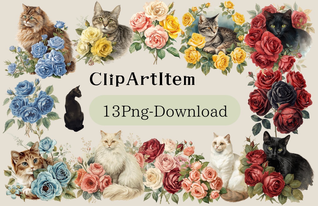 日常を彩るアンティークな猫と薔薇　13点