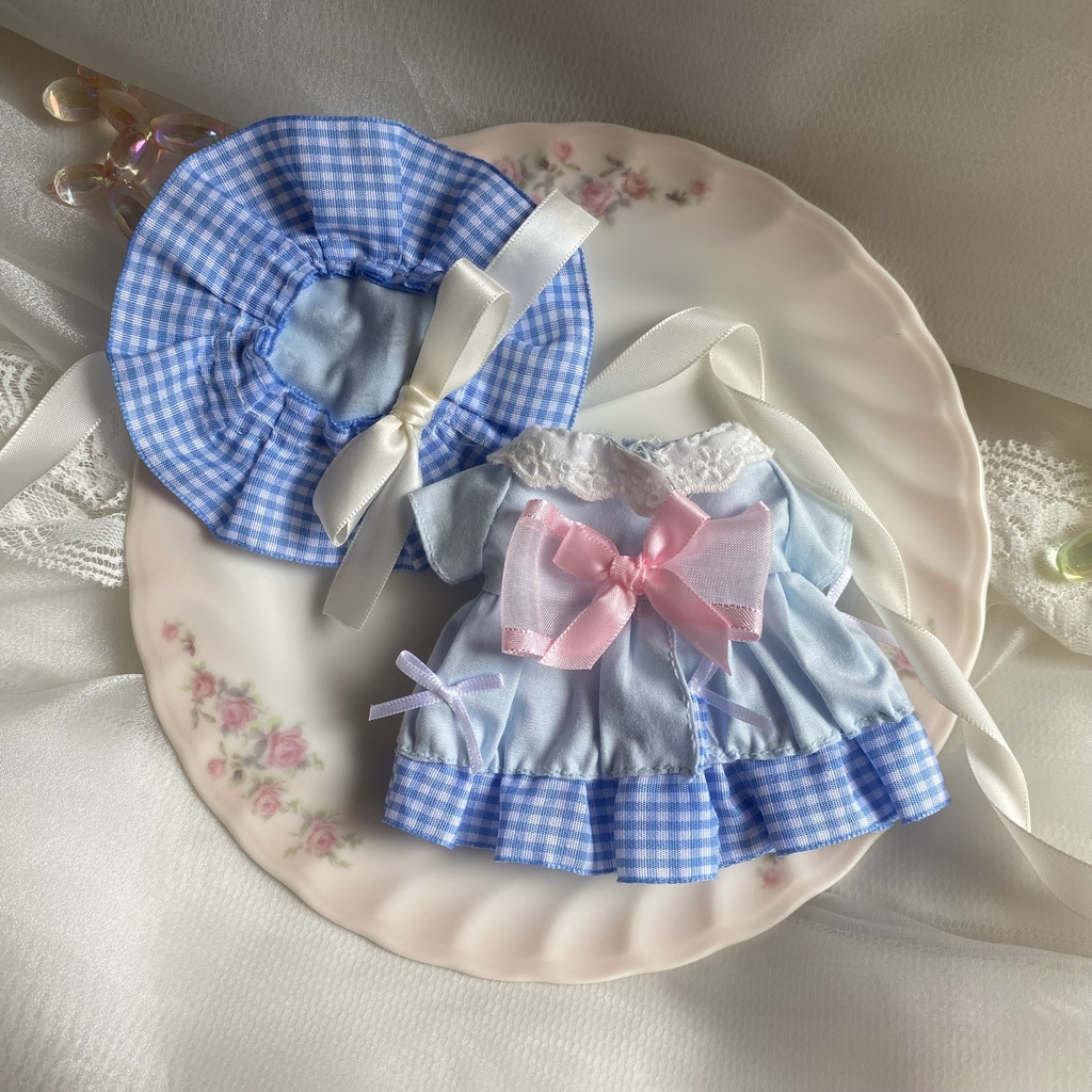 リボンいっぱいギンガムドレス ヘッドドレスセット ぬい服16cm