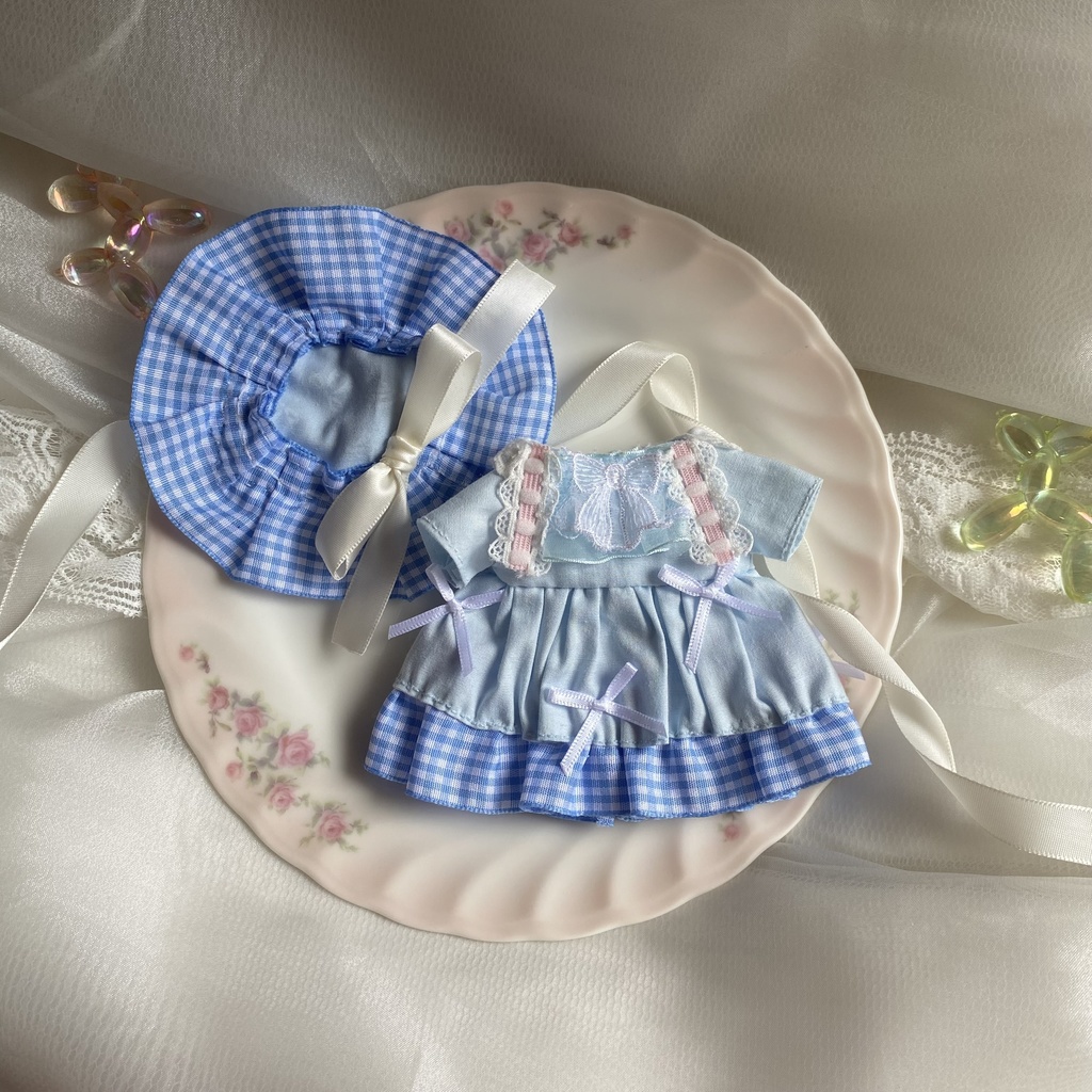 リボンいっぱいギンガムドレス ヘッドドレスセット ぬい服16cm