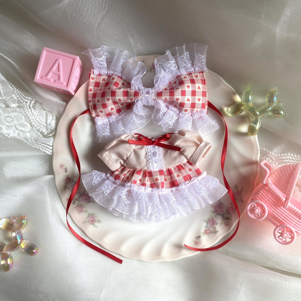 ハートチェックのフリルセットワンピース ぬい服 16cmぬい