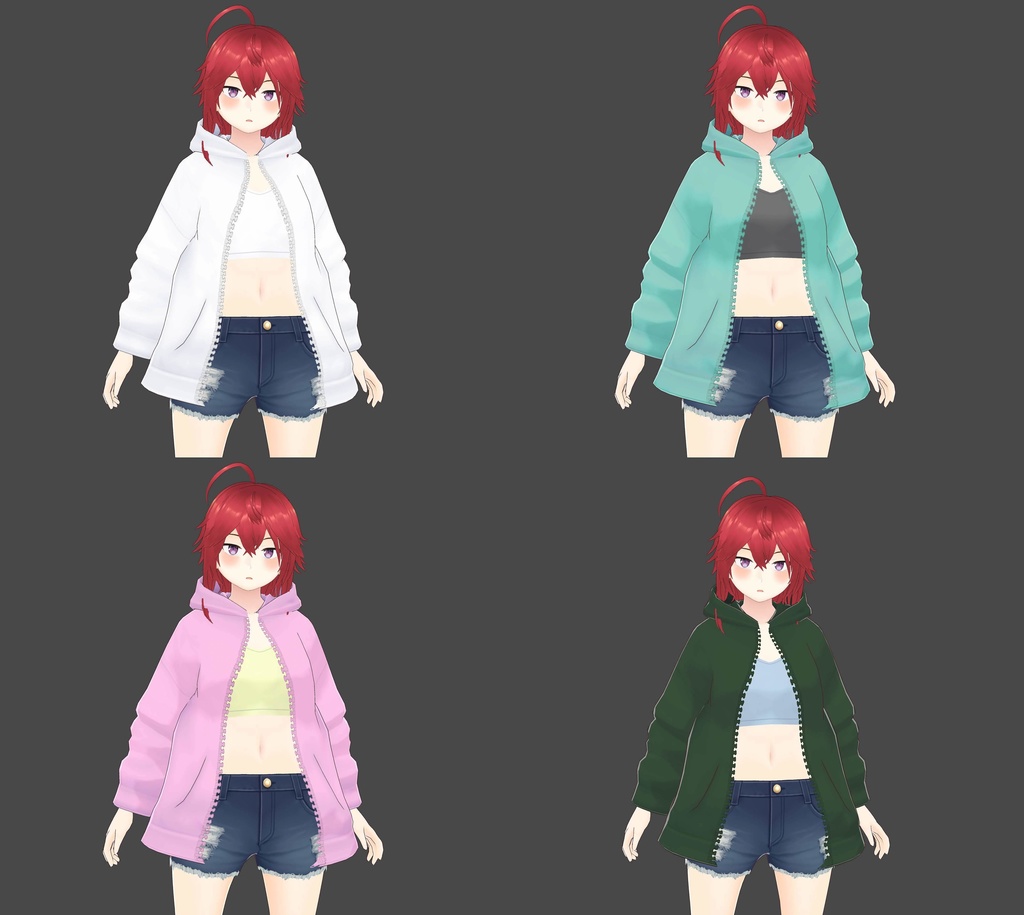 【無料/Vroid】前開きデカジップパーカー+スポブラ風ショート丈Tシャツ