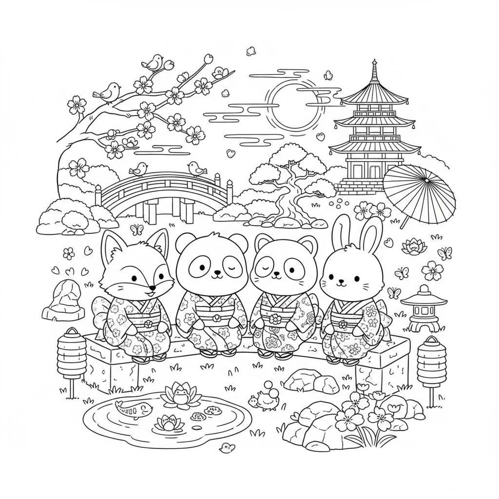 【デジタルぬりえ】かわいい日本の風景と動物たち(大容量 全32ページ・PDFデータ)