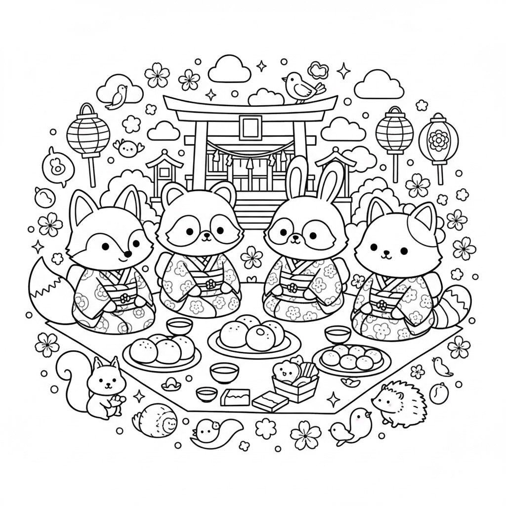 【無料お試し版・2ページ】かわいい日本の風景と動物たち ぬりえ