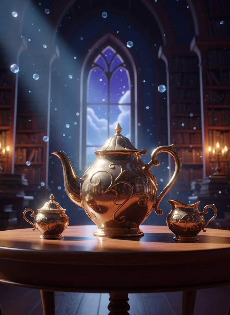 【4K壁紙/イラスト素材】神秘の魔法図書館と錬金術師の黄金茶器 - Mystic Alchemist's Tea Set