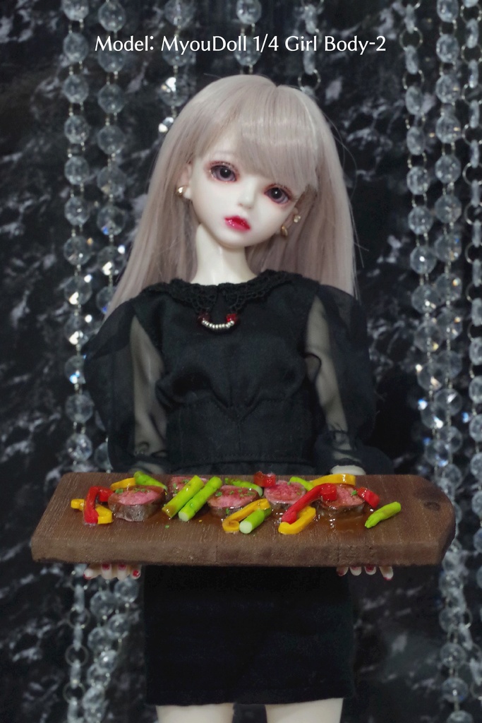 【ステーキプレートセット  1/4～1/3サイズ】　フェイクフード　ドール用　ぬい用　ミニチュアフード　MDD　DD　撮影小物　40cmドール　50cmドール　60cmドール　70cmドール　75cmドール　MYOUDOLL　TelesthesiaDoll　BJD CROBI　Luts　SDM　SD　食品　模型　