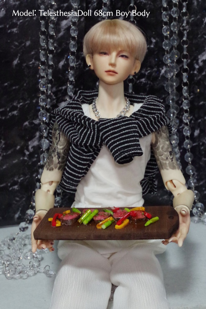 【ステーキプレートセット  1/4～1/3サイズ】　フェイクフード　ドール用　ぬい用　ミニチュアフード　MDD　DD　撮影小物　40cmドール　50cmドール　60cmドール　70cmドール　75cmドール　MYOUDOLL　TelesthesiaDoll　BJD CROBI　Luts　SDM　SD　食品　模型　