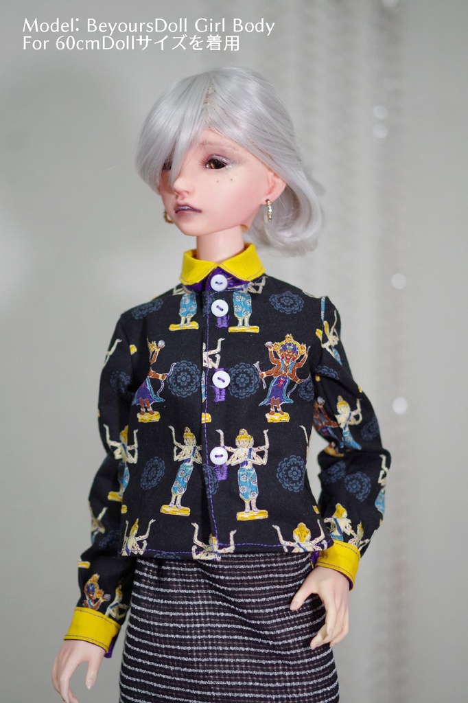 【阿修羅柄シャツ　50-60】ドール用　ドール服　ドール衣装　アウトフィット　50cmドール　60cmドール　MYOUDOLL　TelesthesiaDoll　BJD CROBI　Luts　DD　SD　SDGr　SD16　綿　コットン　柄シャツ　長袖　仏像　アシュラ