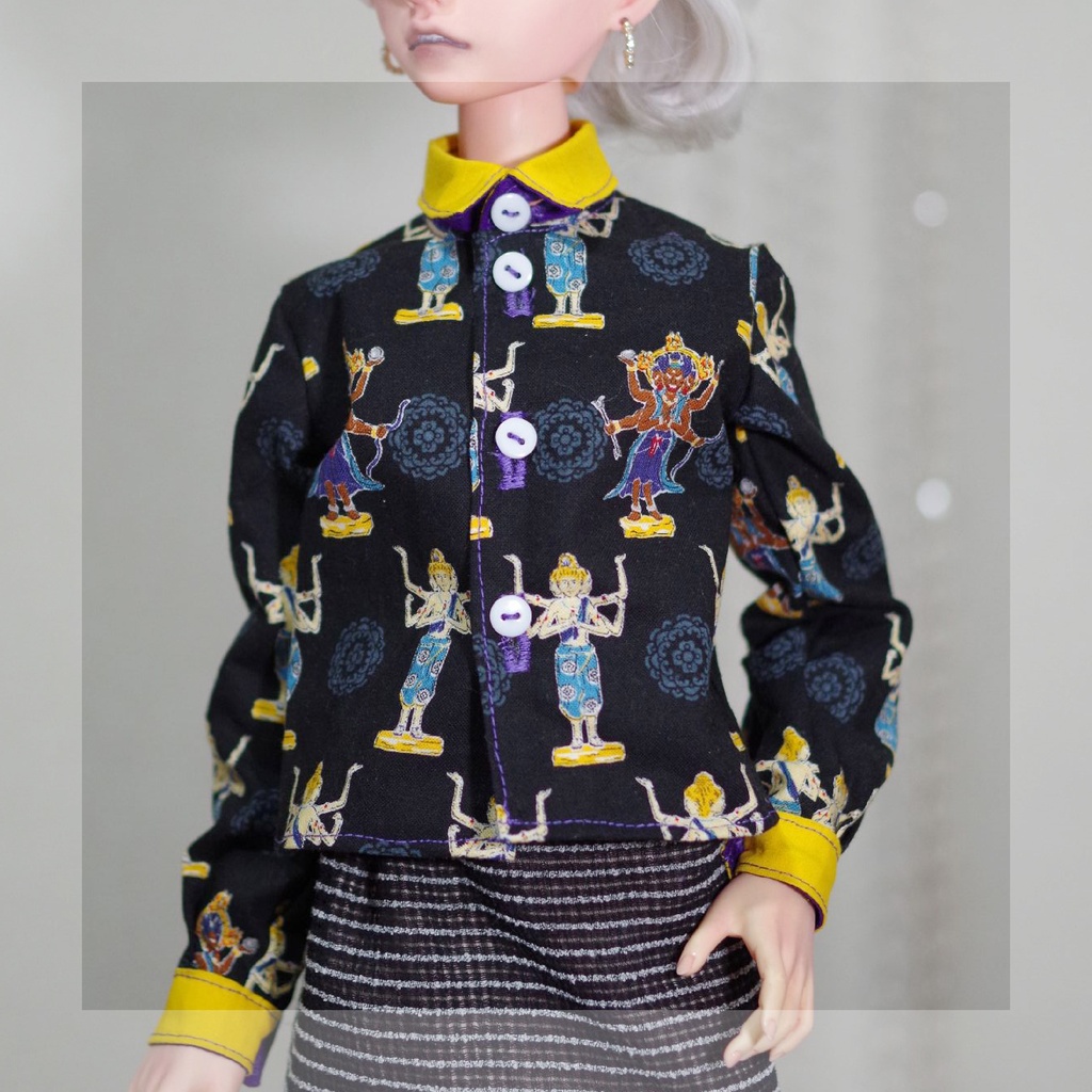 【阿修羅柄シャツ　50-60】ドール用　ドール服　ドール衣装　アウトフィット　50cmドール　60cmドール　MYOUDOLL　TelesthesiaDoll　BJD CROBI　Luts　DD　SD　SDGr　SD16　綿　コットン　柄シャツ　長袖　仏像　アシュラ