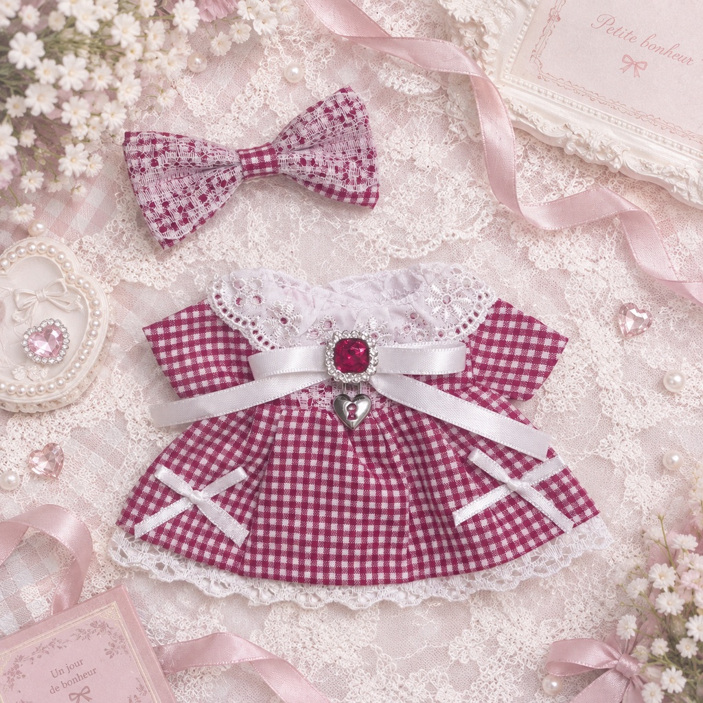 赤色ギンガムチェックのワンピース │ 16cm ぬい服