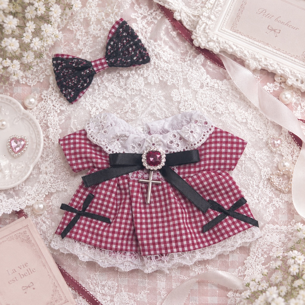 赤色ギンガムチェックのワンピース │ 16cm ぬい服
