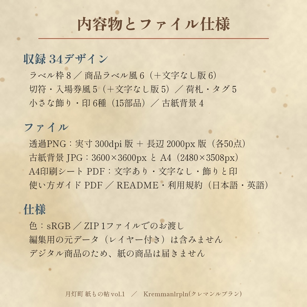 【商用利用可】大正ロマン・昭和レトロ 和風アンティークラベル素材 月灯町 紙もの帖 vol.1|透過PNG+印刷用PDF