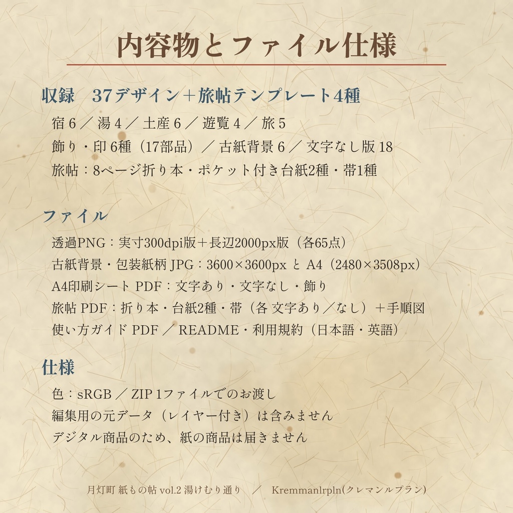 【商用利用可】月灯町 紙もの帖 vol.2 湯けむり通り|温泉街の和風アンティーク紙もの素材+旅帖テンプレート|透過PNG・印刷用PDF