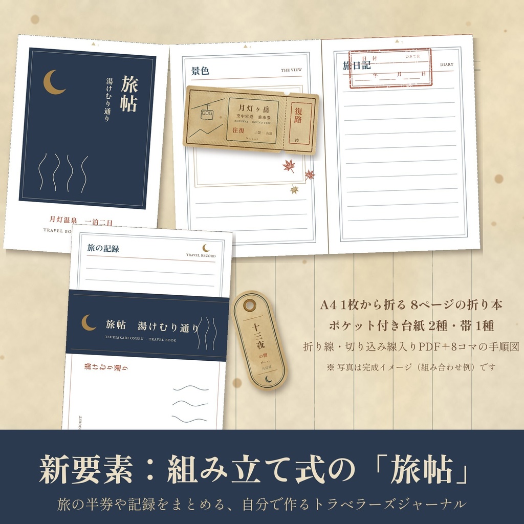 【商用利用可】月灯町 紙もの帖 vol.2 湯けむり通り|温泉街の和風アンティーク紙もの素材+旅帖テンプレート|透過PNG・印刷用PDF