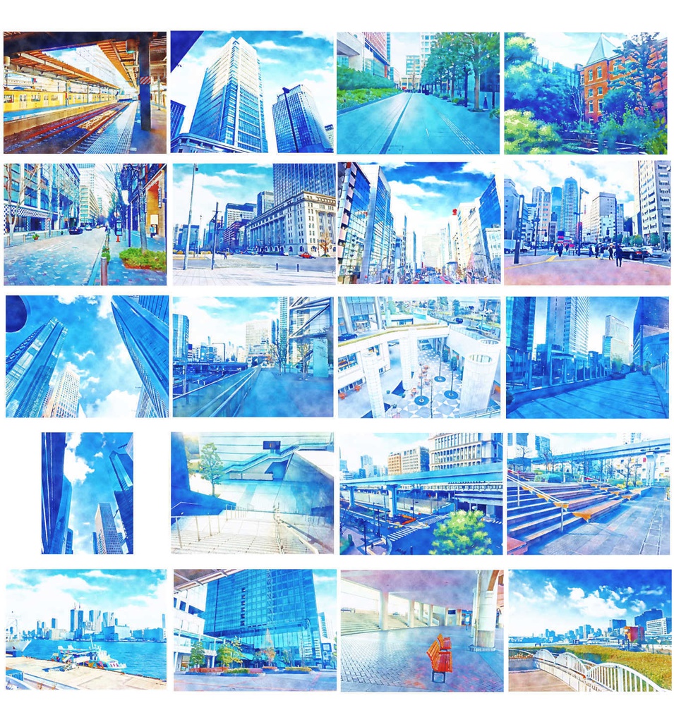 イラスト風&水彩風背景素材集 都会の背景シリーズA