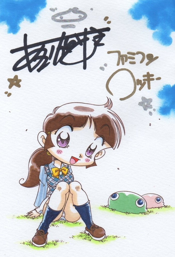 ファミコンロッキーかおるちゃんの最新〇青コスミニイラストA6(ポストカードサイズ)です。