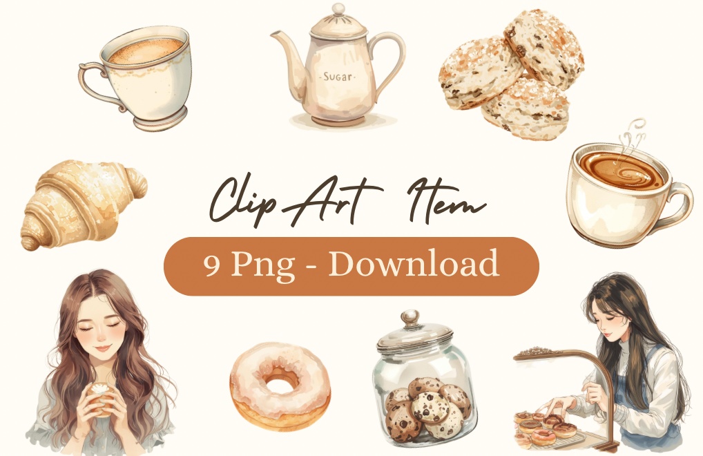 【淡色カフェシリーズ】水彩アンティーク風カフェ×女の子クリップアートセット(全9種)￤PNG背景透過