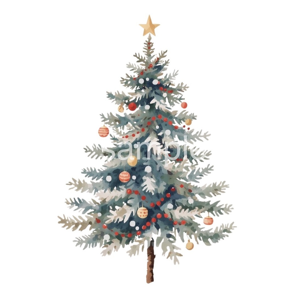 【淡色 クリスマスシリーズ】水彩アンティーク風クリスマスツリー&オーナメント(全7種)¦PNG背景透過