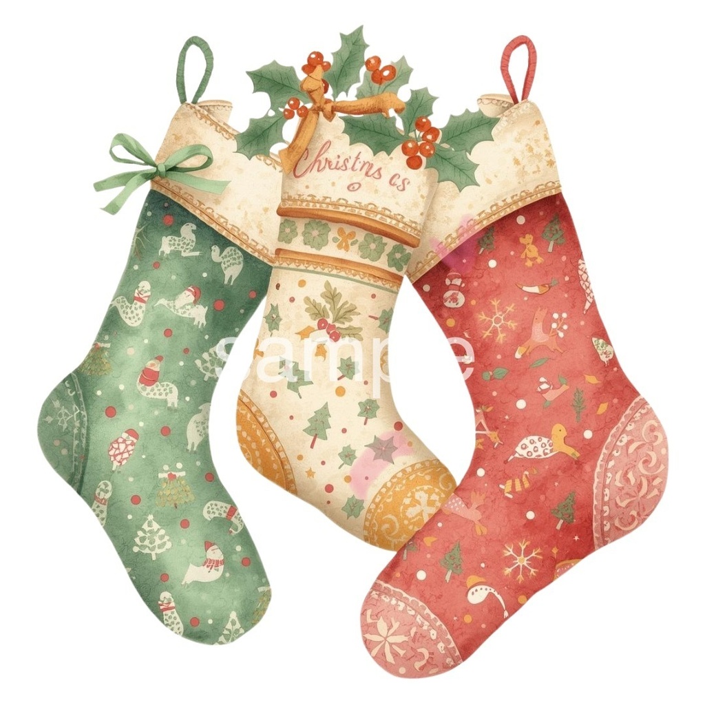 【淡色 クリスマスシリーズ】水彩アンティーク風クリスマスツリー&オーナメント(全7種)¦PNG背景透過