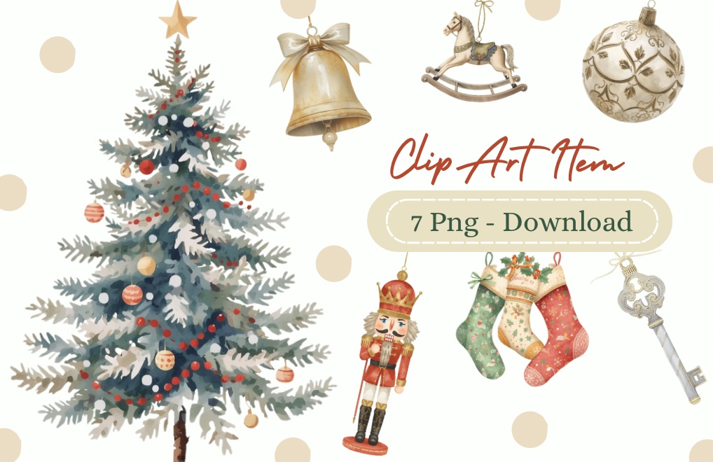 【淡色 クリスマスシリーズ】水彩アンティーク風クリスマスツリー&オーナメント(全7種)¦PNG背景透過