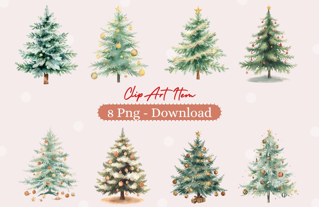 【淡色 クリスマスシリーズ】水彩アンティーク風クリスマスツリー　クリップアートセット（全8種）￤PNG背景透過