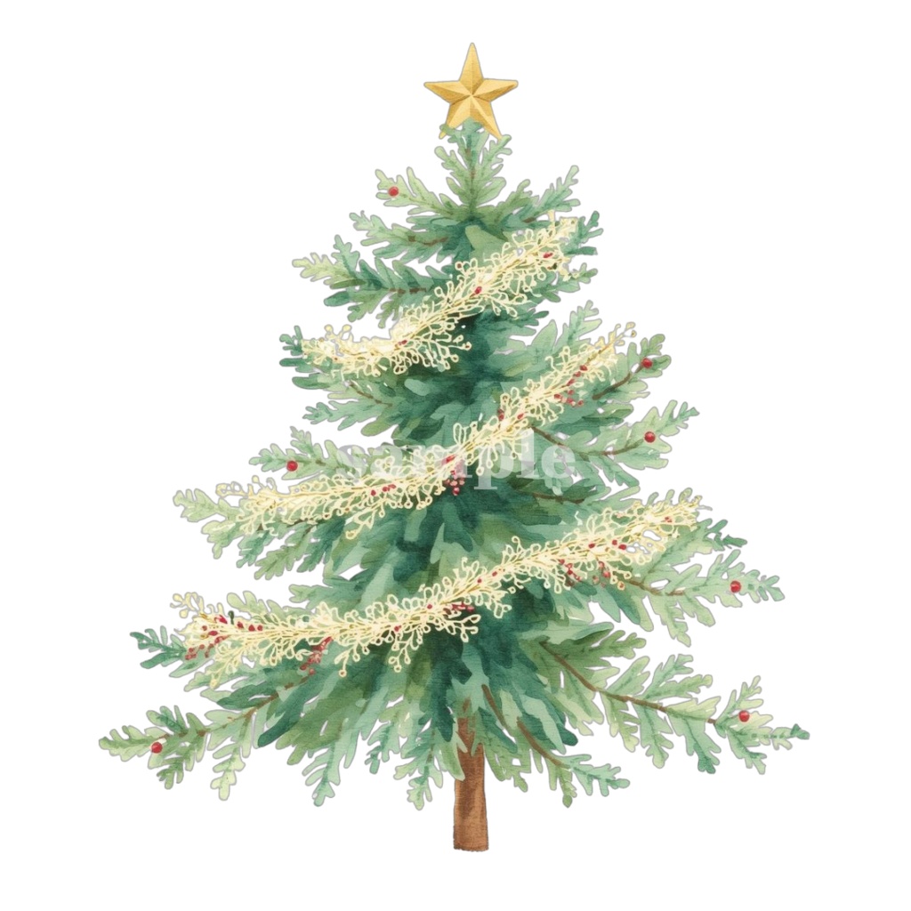 【淡色 クリスマスシリーズ】水彩アンティーク風クリスマスツリー クリップアートセット(全8種)¦PNG背景透過
