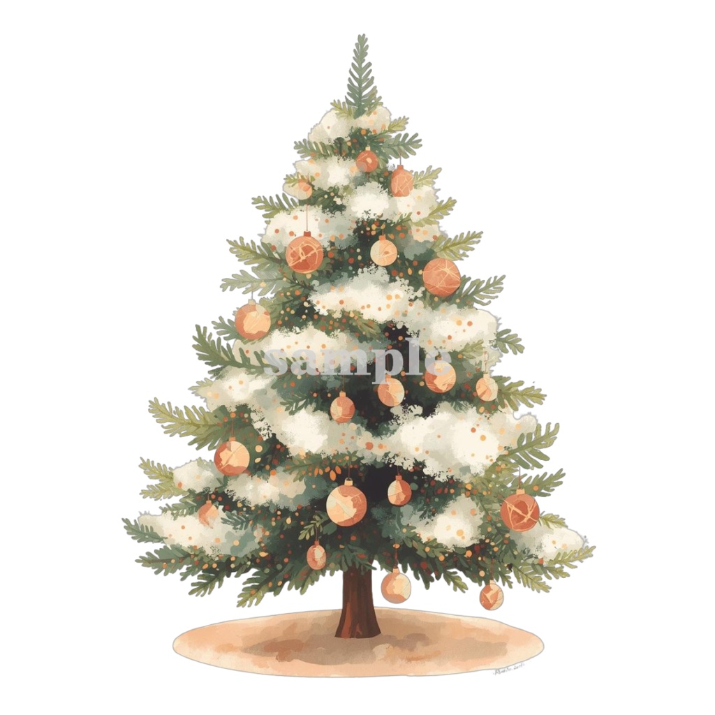 【淡色 クリスマスシリーズ】水彩アンティーク風クリスマスツリー クリップアートセット(全8種)¦PNG背景透過