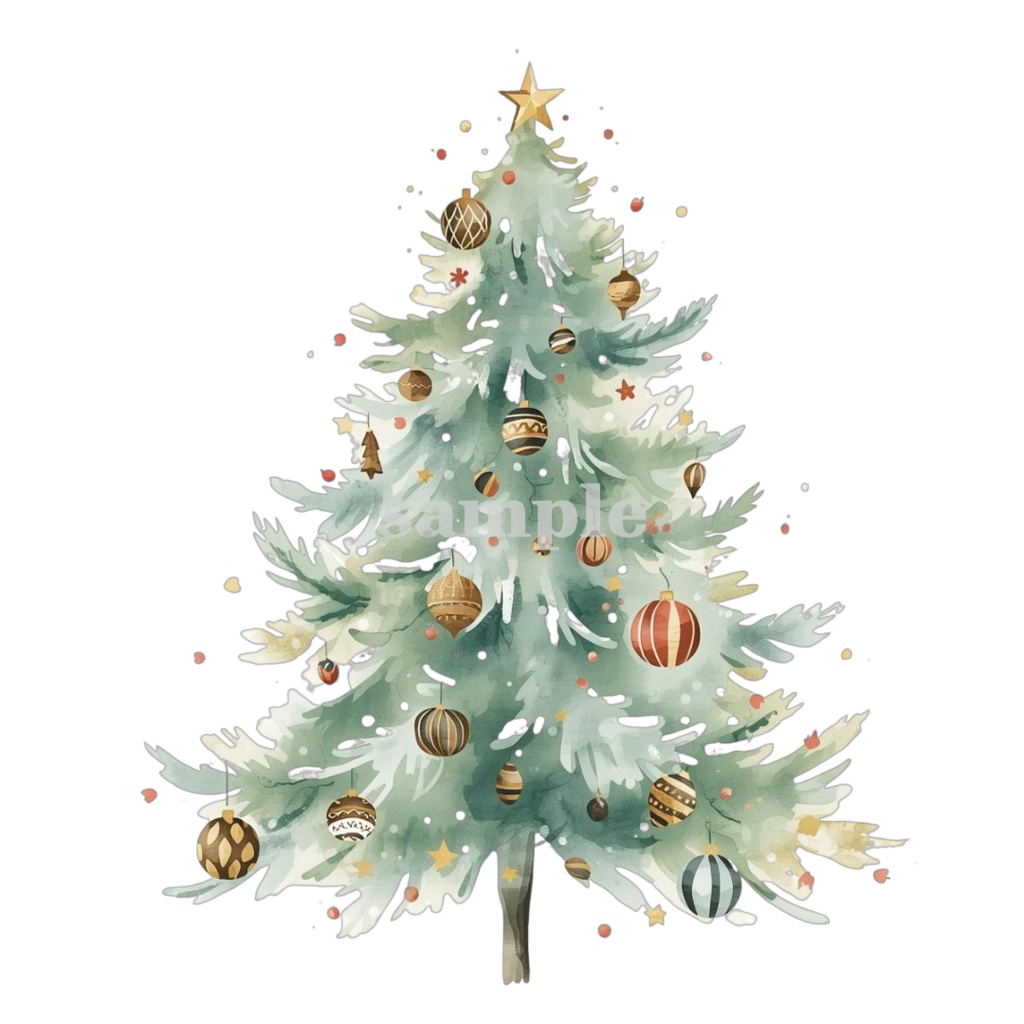 【淡色 クリスマスシリーズ】水彩アンティーク風クリスマスツリー クリップアートセット(全8種)¦PNG背景透過