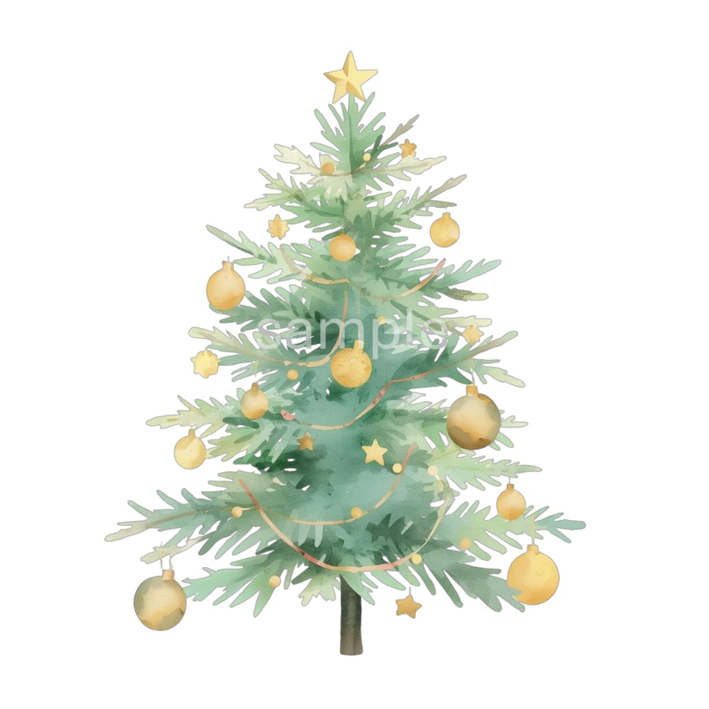 【淡色 クリスマスシリーズ】水彩アンティーク風クリスマスツリー クリップアートセット(全8種)¦PNG背景透過