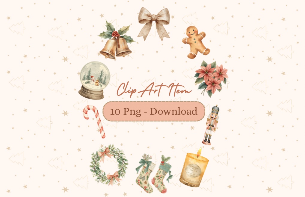 【淡色 クリスマスシリーズ】水彩アンティーク風クリスマス小物クリップアート(全10種)¦PNG背景透過