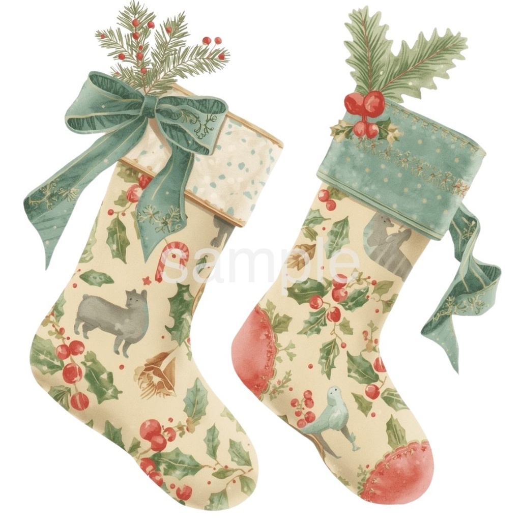 【淡色 クリスマスシリーズ】水彩アンティーク風クリスマス小物クリップアート(全10種)¦PNG背景透過