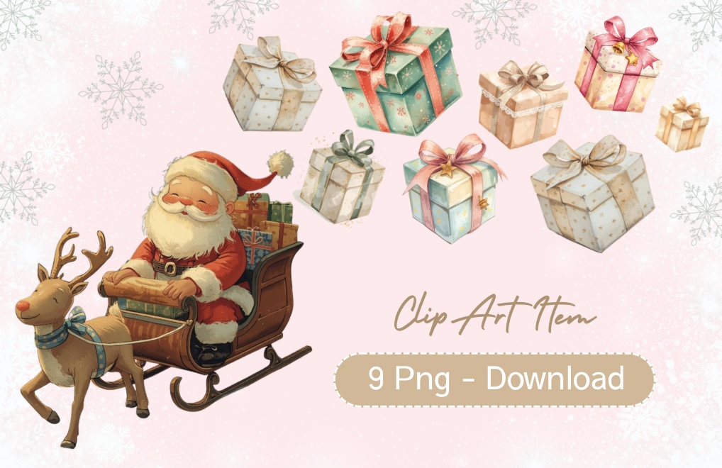 【淡色 クリスマスシリーズ】やさしい水彩のサンタ&トナカイとクリスマスギフトボックス(全9種)¦PNG背景透過