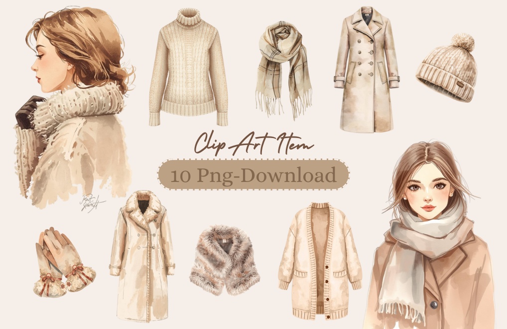 【冬のファッションアイテムシリーズ】水彩クリップアートセット(全10種)¦PNG背景透過