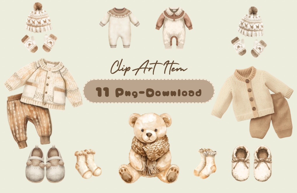 【冬のファッションアイテムシリーズ】ベビー服×テディベア(全11種)¦PNG背景透過