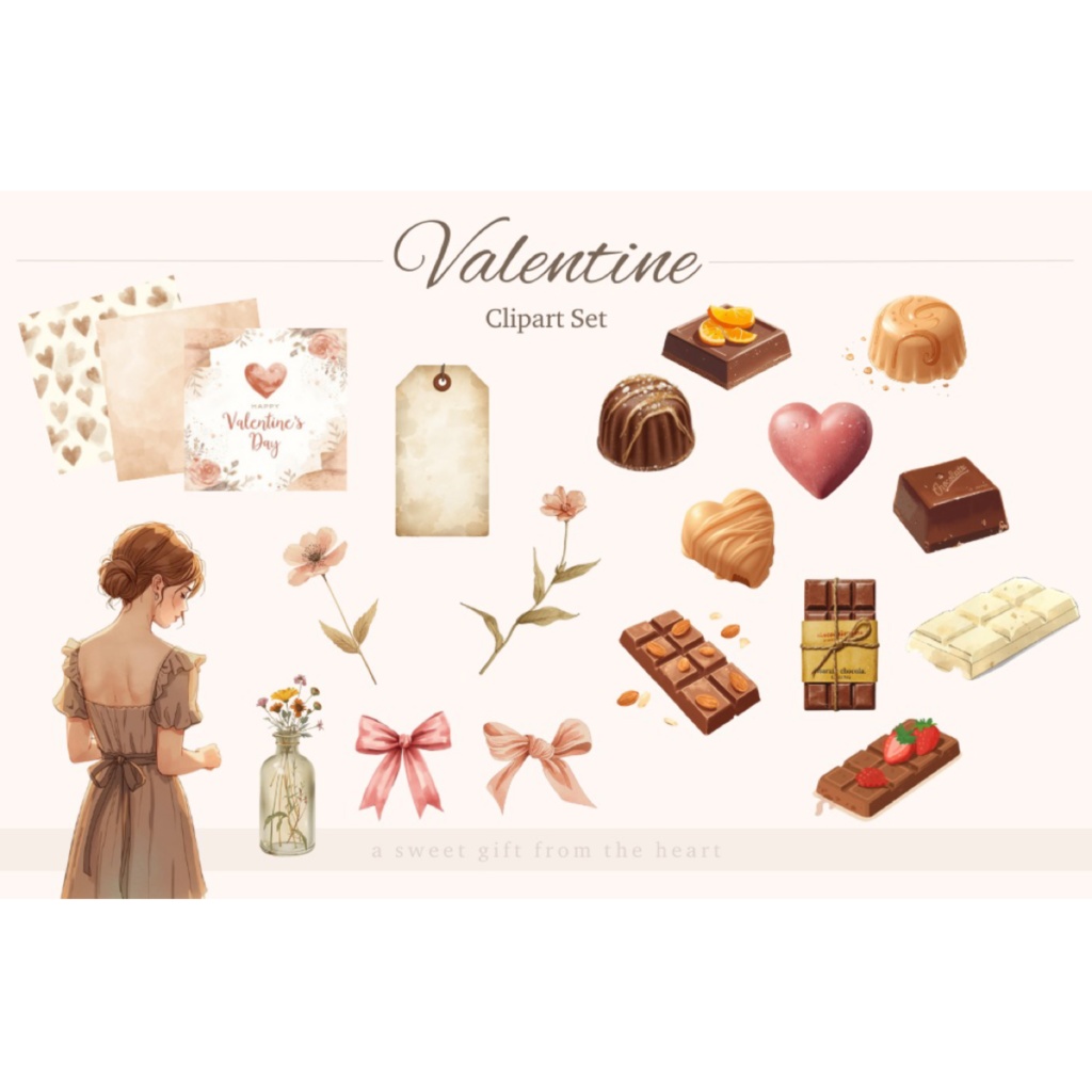 【Valentine Clipart Set】 淡色×水彩 バレンタイン素材20点｜PNG背景透過