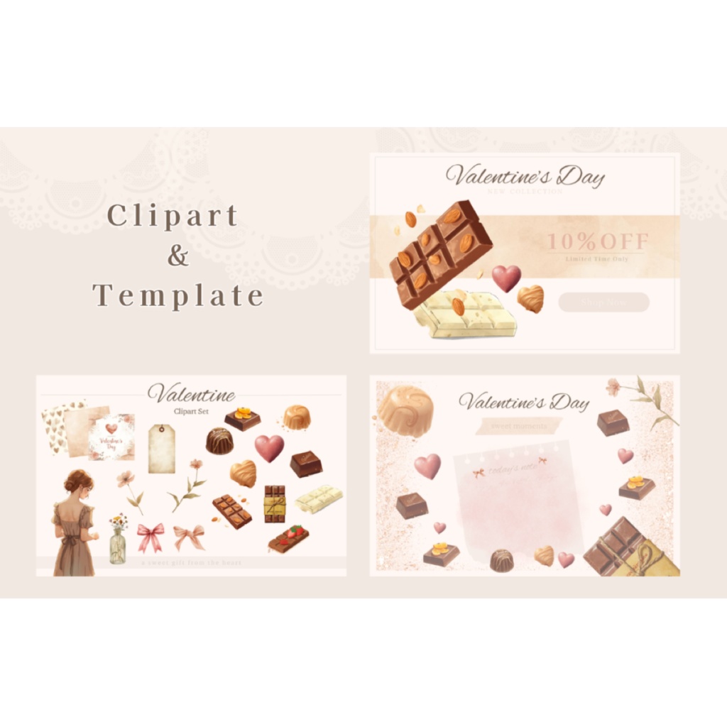【Valentine Clipart & Template Set】淡色×水彩 バレンタイン素材20点＋Canvaテンプレート2種