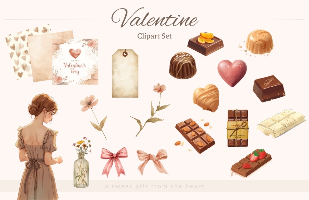 【Valentine Clipart & Template Set】淡色×水彩 バレンタイン素材20点+Canvaテンプレート2種