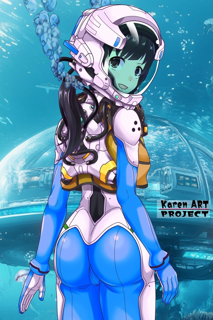 ゆりちゃん+近未来のヘルメット型潜水装備 Part5 【ロングヘア】背面アングル Yuri is wearing Helmet-type diving equipment of the near future Part5【Long HairStyle】Back Angle