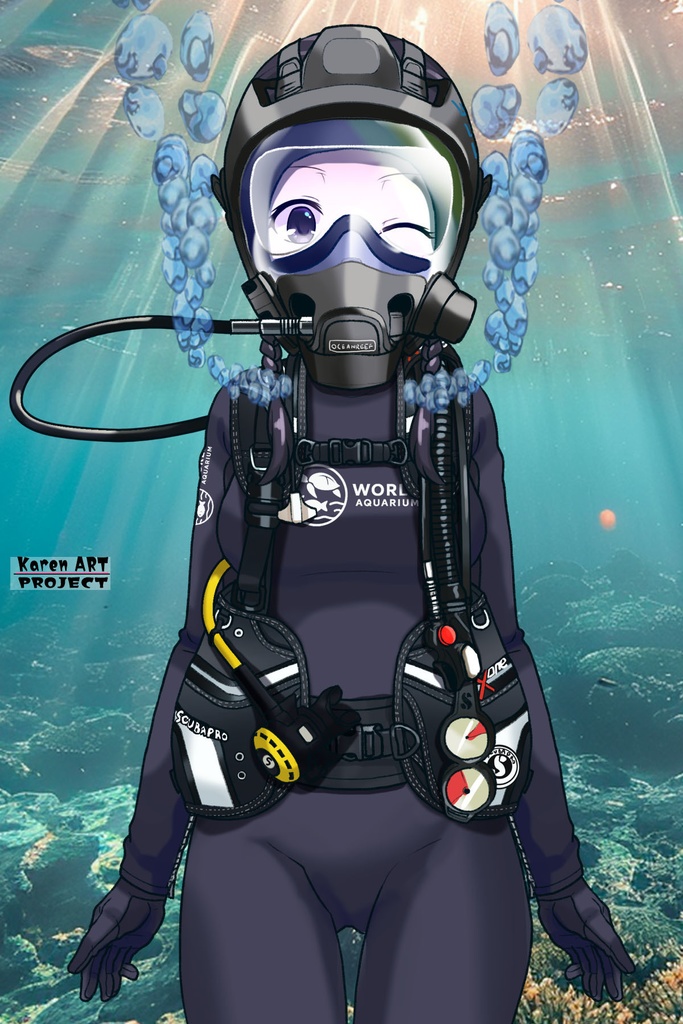 ゆりちゃん+マリンガールのダイビング装備【水族館のスタッフ01】正面アングル Yuri is wearing Aquarium Marine Girl Equipment【Marine Girl01】Front Angle