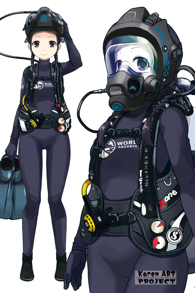 ゆりちゃん+マリンガールのダイビング装備【水族館のスタッフ02】斜め前アングル Yuri is wearing Aquarium Marine Girl Equipment【Marine Girl02】Diagonal front angle
