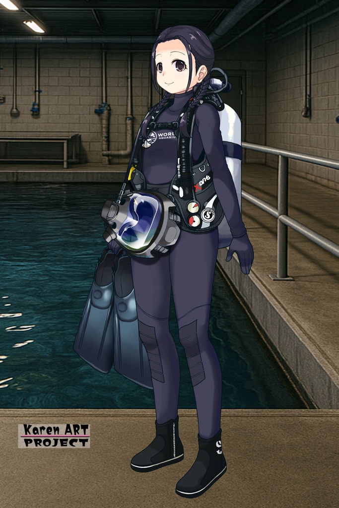 ゆりちゃん+マリンガールのダイビング装備【水族館のスタッフ02】斜め前アングル Yuri is wearing Aquarium Marine Girl Equipment【Marine Girl02】Diagonal front angle