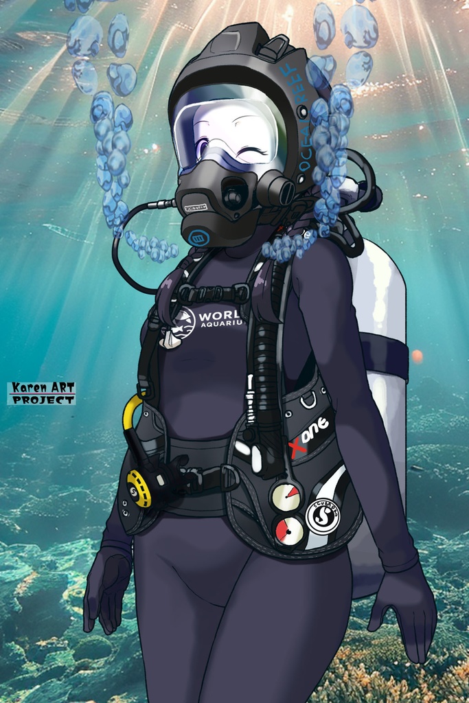 ゆりちゃん+マリンガールのダイビング装備【水族館のスタッフ02】斜め前アングル Yuri is wearing Aquarium Marine Girl Equipment【Marine Girl02】Diagonal front angle