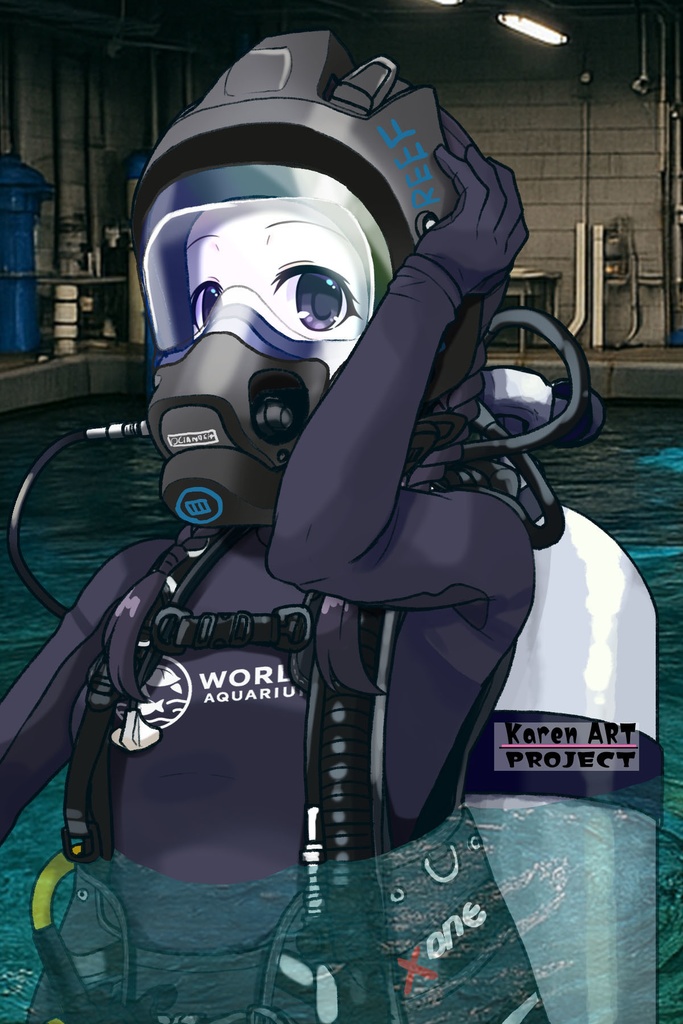ゆりちゃん+マリンガールのダイビング装備【水族館のスタッフ02】斜め前アングル Yuri is wearing Aquarium Marine Girl Equipment【Marine Girl02】Diagonal front angle