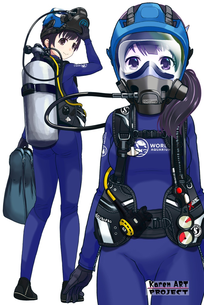 ゆりちゃん+マリンガールのダイビング装備 Blue Version【水族館のスタッフ04】正面アングル Yuri is wearing Aquarium Marine Girl Equipment Blue Version【Marine Girl04】Front Angle